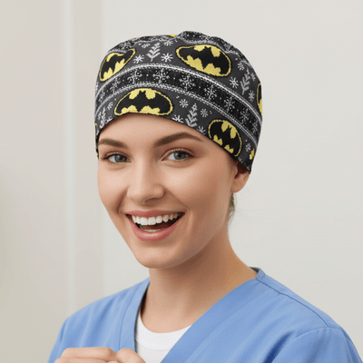 Christmas Batman Logo Jumper scrub cap shown on model