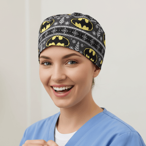 Christmas Batman Logo Jumper scrub cap shown on model