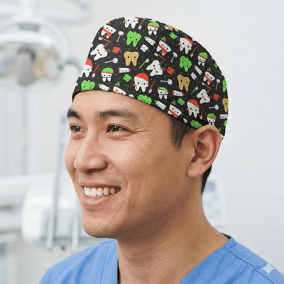 Christmas Dental Santa scrub cap shown on model