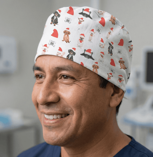 Christmas Dog Santa Hats scrub cap shown on model