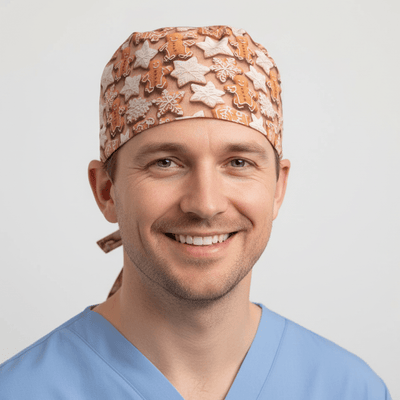 Christmas Gingerbread Men Cakes Stars scrub cap shown on model