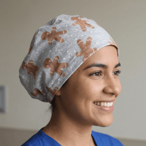 Christmas Gingerbread scrub cap shown on model