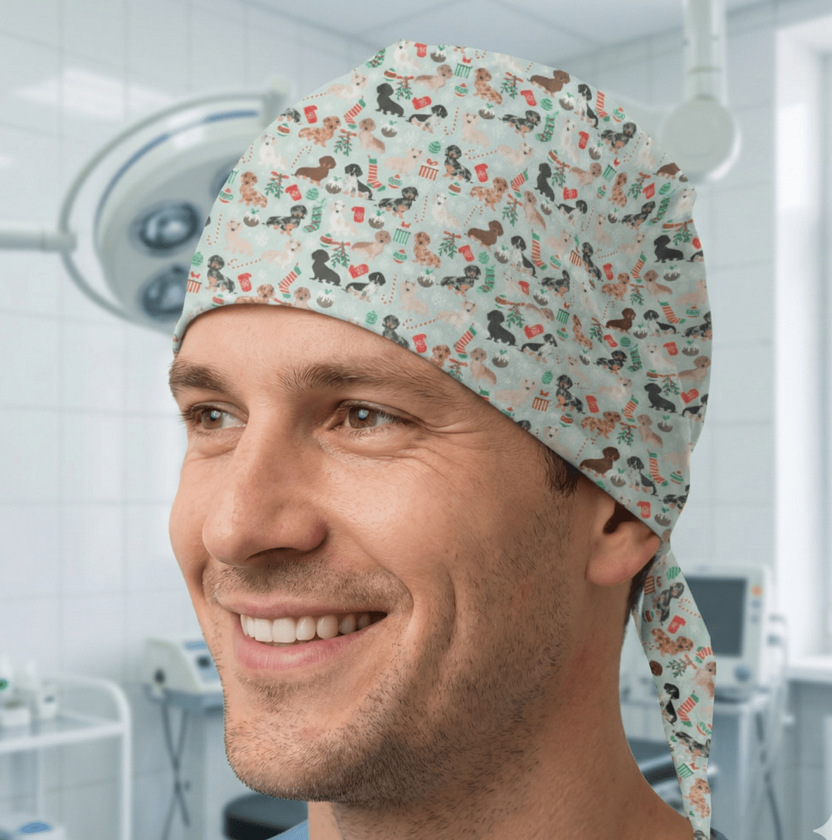 Gorro quirúrgico con diseño de perros y animales para fiestas navideñas
