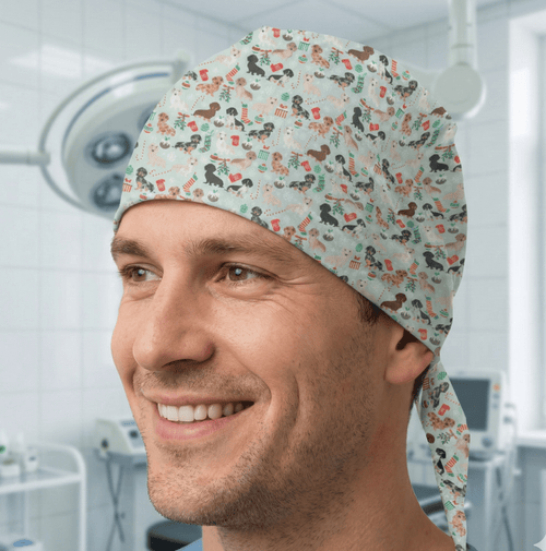 Christmas Party Dogs Animals scrub cap shown on model