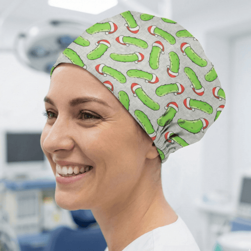 Christmas Pickle Rick Inspired scrub cap shown on model