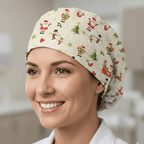 Christmas Santa Wrapping paper scrub cap shown on model
