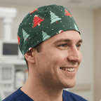 Christmas Trees With Tinsel scrub cap shown on model