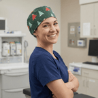 Christmas Trees With Tinsel scrub cap shown on model