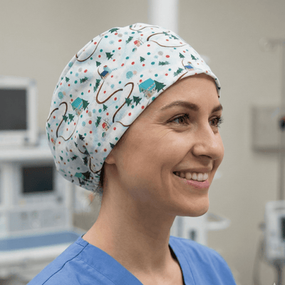 Christmas Winter House scrub cap shown on model