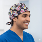 Cinco De Mayo Skulls Candy scrub cap shown on model