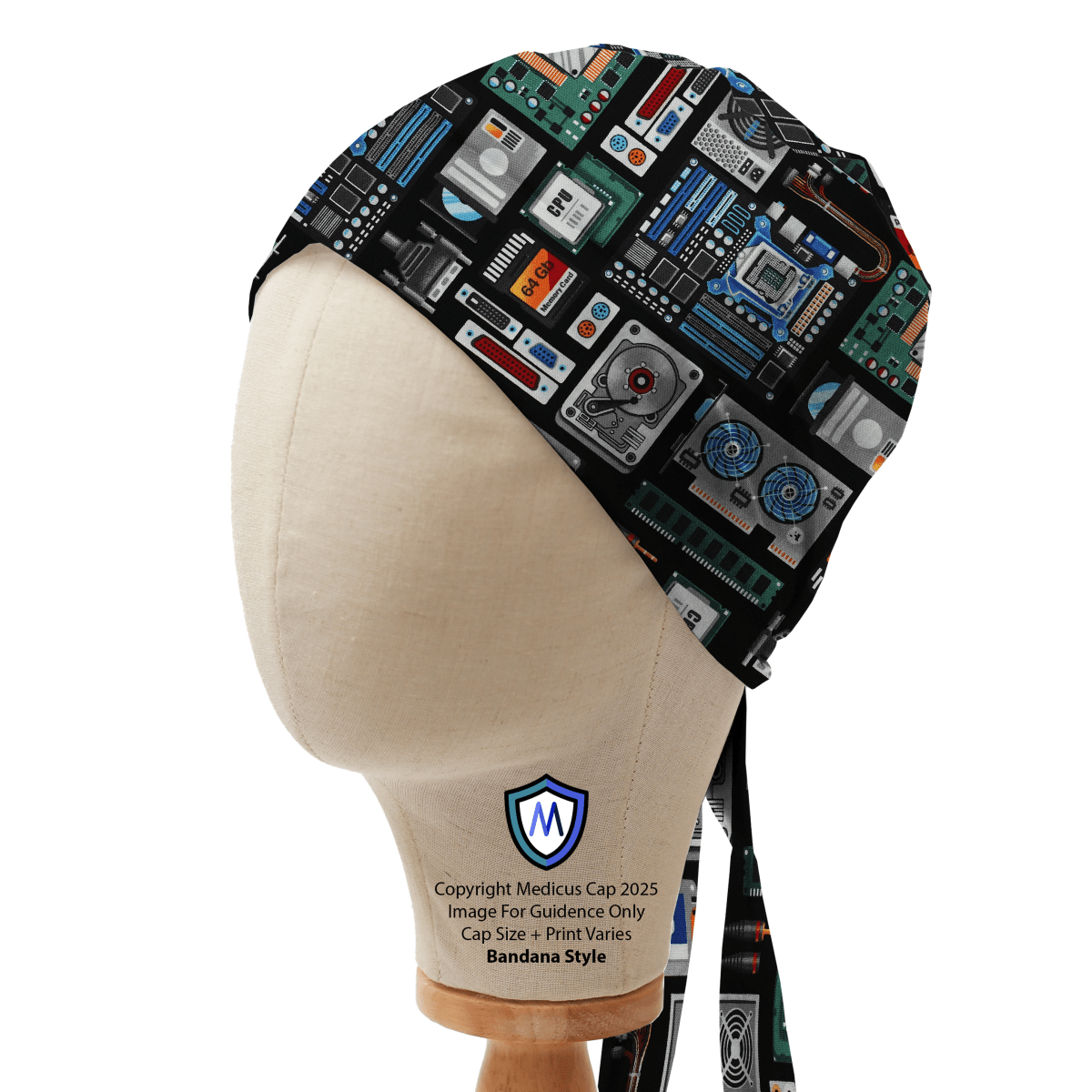 Circuit Board AI Computer Scrub Cap by Medicus Caps, featuring a tech-inspired digital print on soft fabric with an adjustable band for a secure fit.