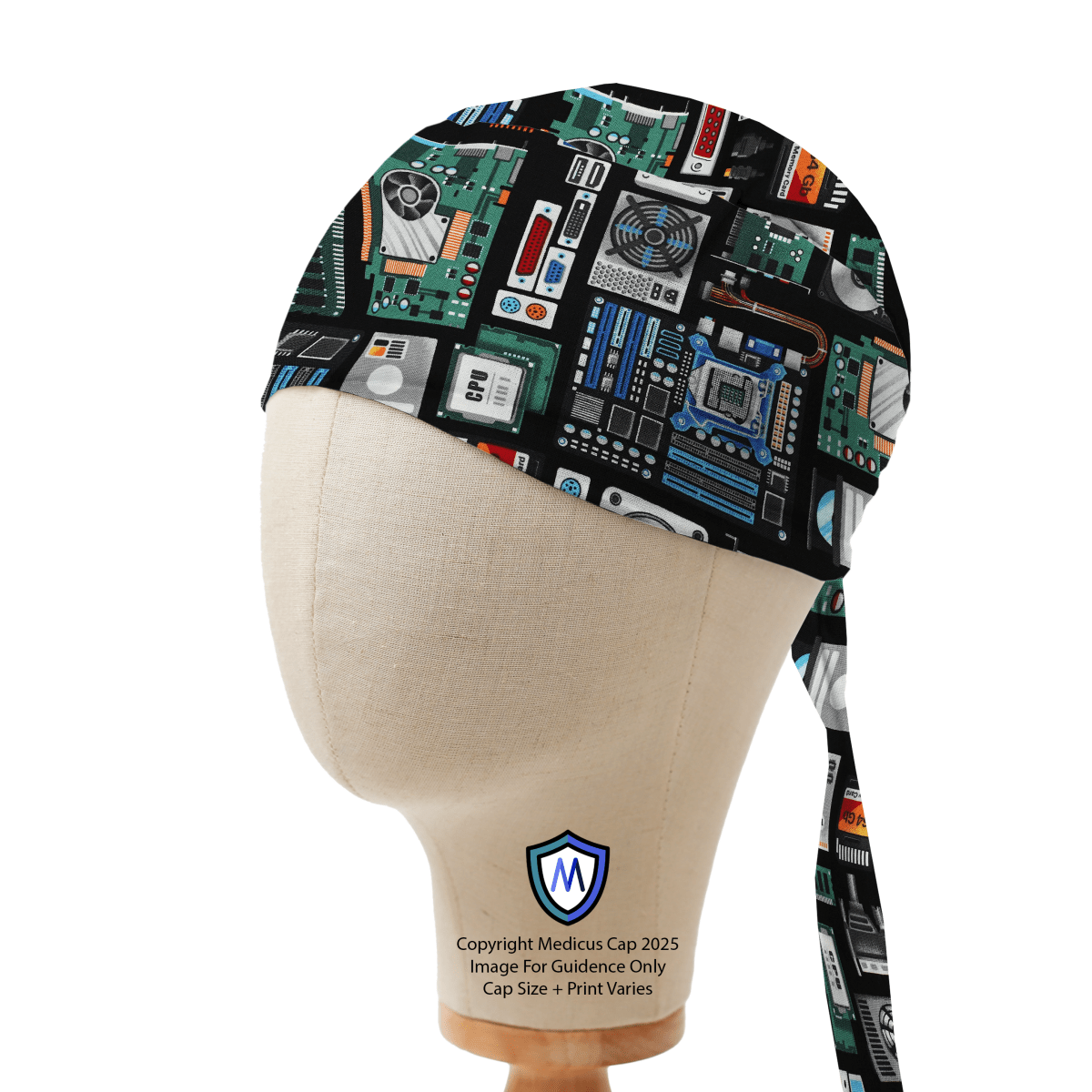 Circuit Board AI Computer Scrub Cap by Medicus Caps, featuring a detailed technology-themed print with adjustable ties for a secure fit.