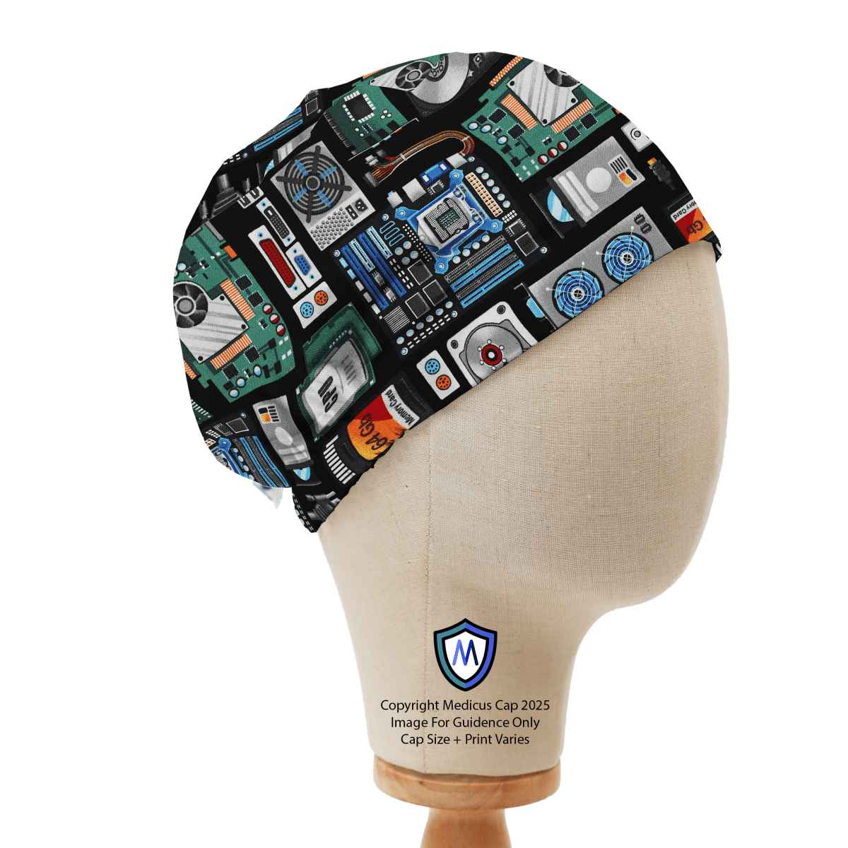 Circuit Board AI Computer Scrub Cap by Medicus Caps, featuring a detailed tech-inspired print with an elastic band for a secure and comfortable fit.