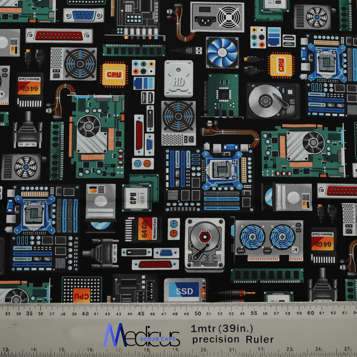 Circuit board AI computer fabric by Medicus Caps, featuring a detailed tech-inspired design used for stylish and high-quality scrub caps.