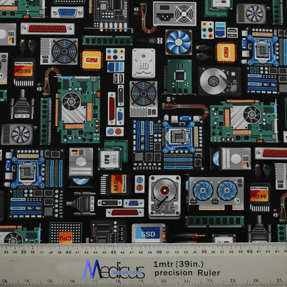 Circuit board AI computer fabric by Medicus Caps, featuring a detailed tech-inspired design used for stylish and high-quality scrub caps.