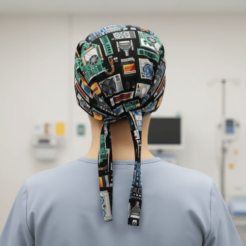 Circuit Board AI Computer scrub cap, back view showing tie-back closure