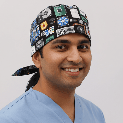 Circuit Board AI Computer scrub cap shown on model