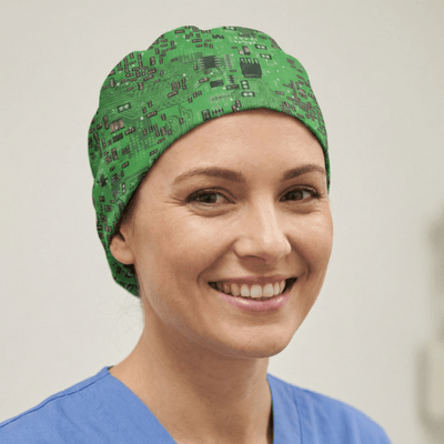 Circuits Motherboard Green scrub cap shown on model