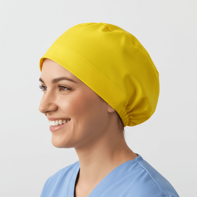 Classic Plain Corn Yellow scrub cap shown on model