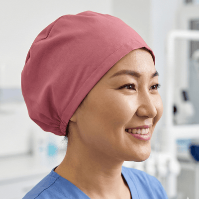 Classic Plain Coral Pink Scrub Cap | Theatre Hat scrub cap shown on model