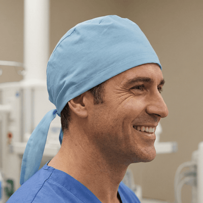 Classic Plain Cyan Blue Scrub Cap | Theatre Hat scrub cap shown on model