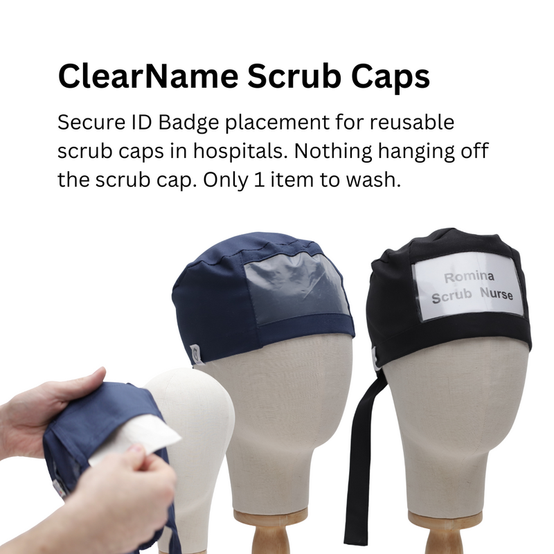 Three mannequin heads display scrub caps with transparent name badge holders. A hand adjusts a cap on the left. Text highlights secure ID badge placement for hospital use. Caps come in dark blue and black with adjustable straps.