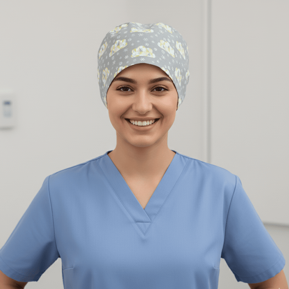 Clouds Abstract Stars scrub cap shown on model