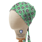 Green Starbucks logo pattern scrub cap shown in side profile on mannequin head