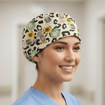 Coffee Starbucks Leopard scrub cap shown on model