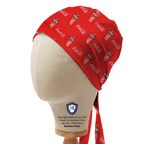 Red Coca-Cola branded scrub cap with classic logo pattern shown on mannequin head side view