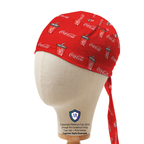 Red Coca-Cola patterned scrub cap with tie-back closure shown on mannequin head side view
