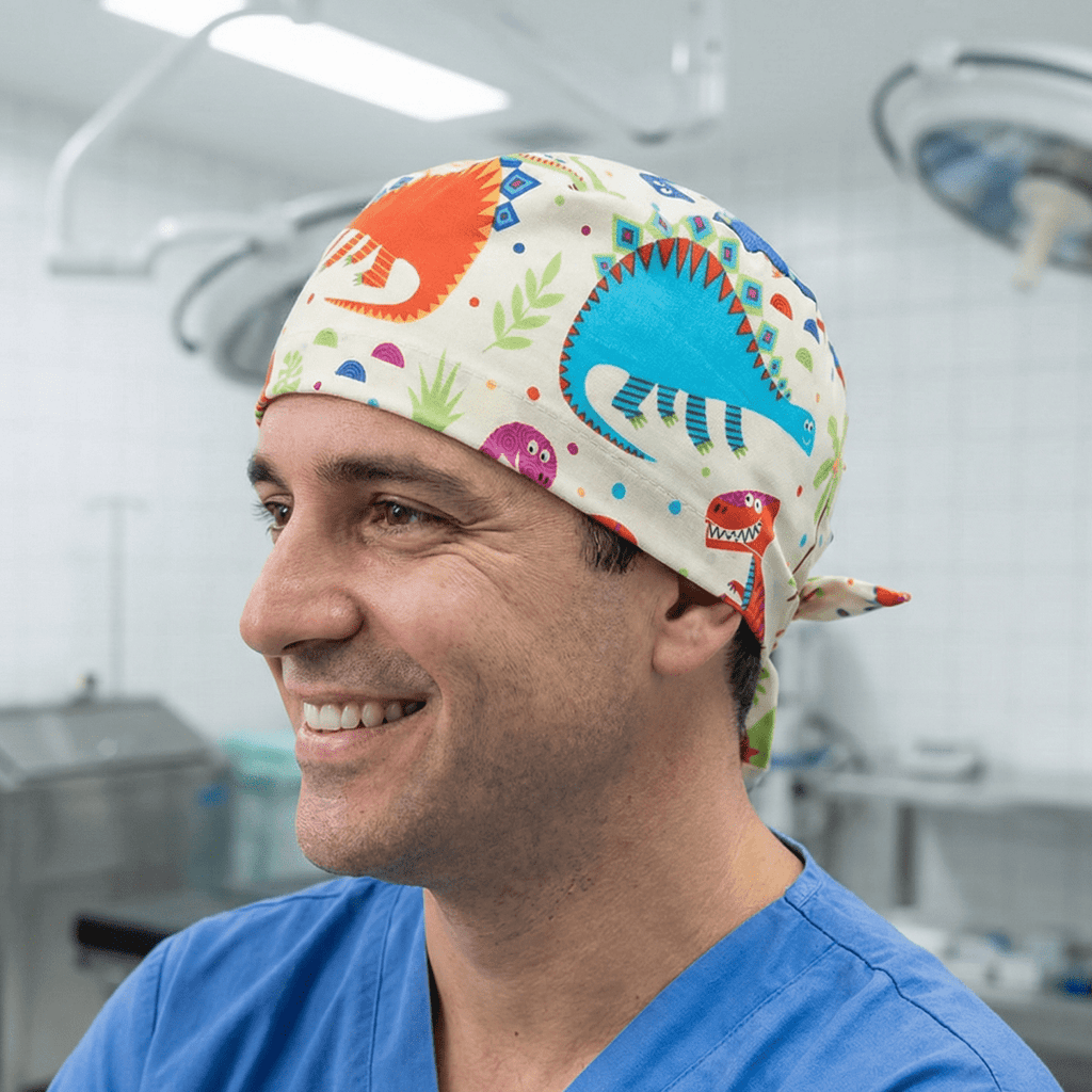 Colourful Dinoland scrub cap shown on model