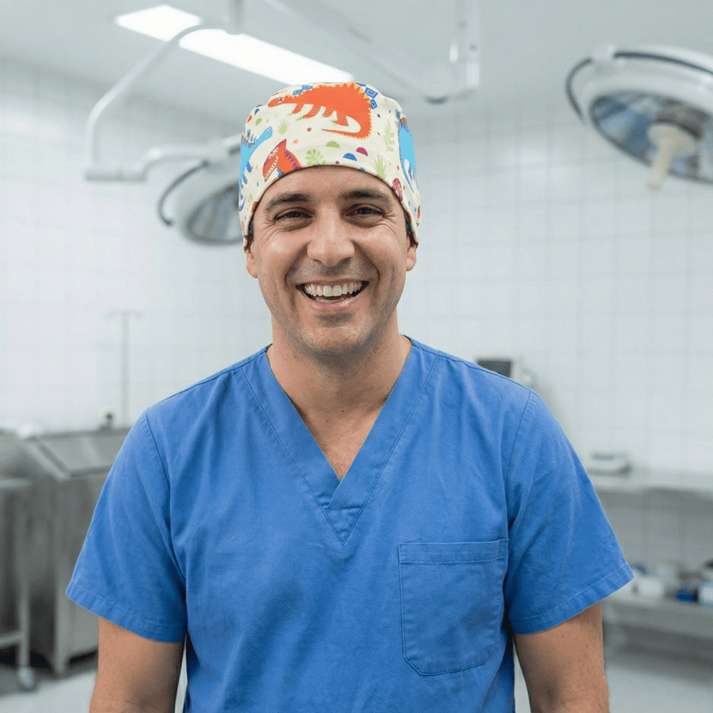 Colourful Dinoland scrub cap pattern detail on mannequin