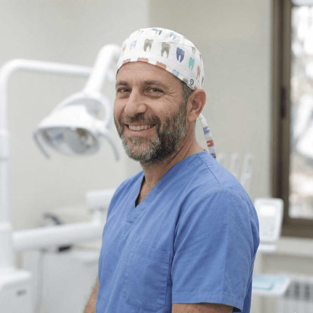 Colourful Tooth Dentist scrub cap pattern detail on mannequin