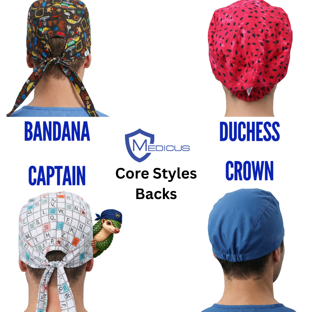Core scrub cap styles from the back: Bandana tie-back, Duchess, Captain tie-back and Crown elastic