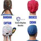 Core scrub cap styles from the back: Bandana tie-back, Duchess, Captain tie-back and Crown elastic