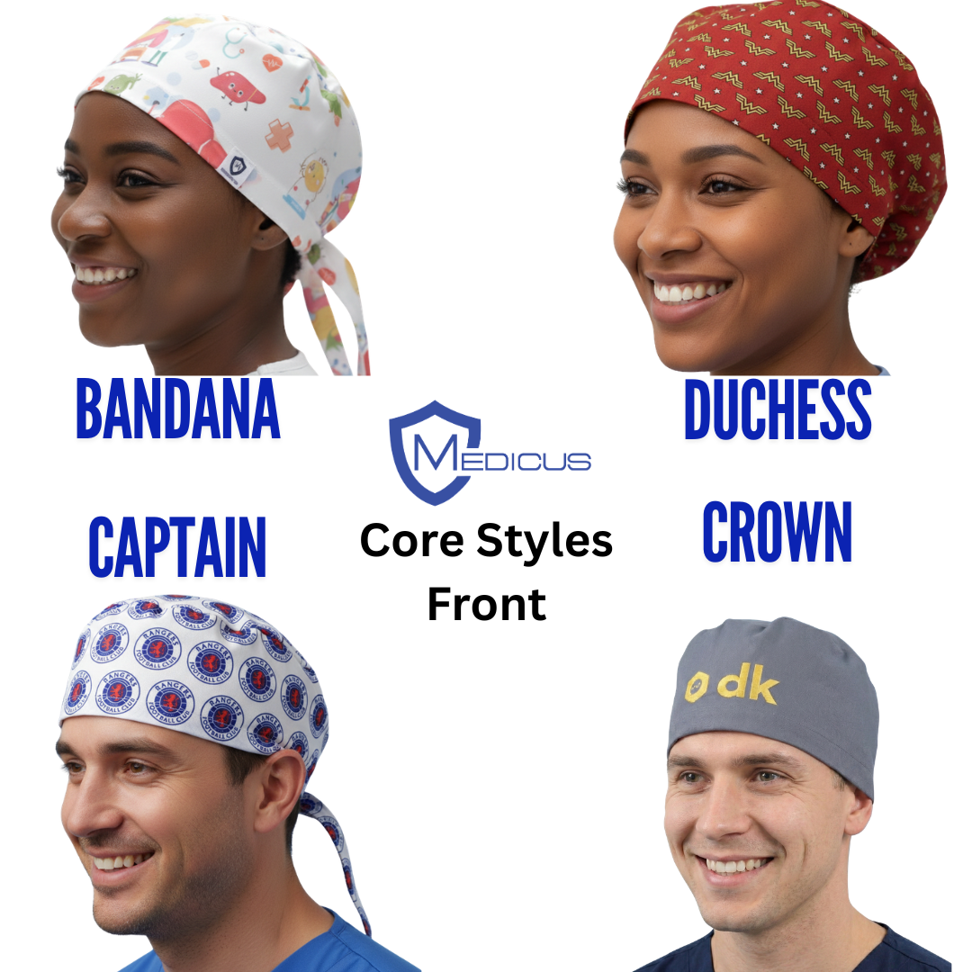 Core scrub cap styles from the front: Bandana, Duchess, Captain and Crown