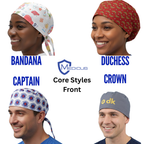 Core scrub cap styles from the front: Bandana, Duchess, Captain and Crown