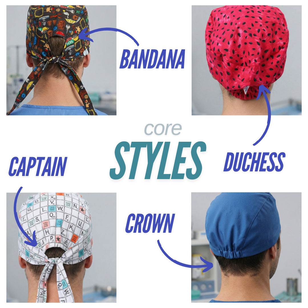 Four scrub cap style options: Bandana, Captain, Bouffant and Elastic Backed