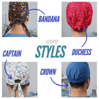 Four different scrub cap core styles shown: bandana, duchess, captain, and crown designs from various angles