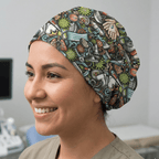 Covid Graffiti Mashup scrub cap shown on model