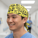 Covid Quarantine Tape scrub cap shown on model