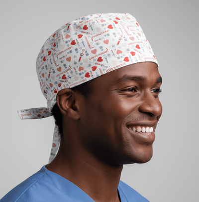 Covid Vaccine Love scrub cap shown on model