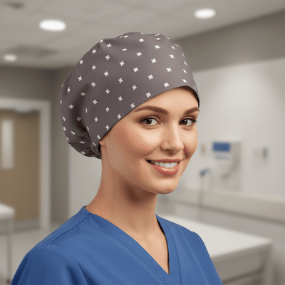 Cross On Grey Pattern scrub cap in Duchess elastic-back style
