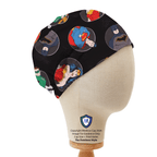 DC Universe Character Circles Black scrub cap in Duchess elastic-back style