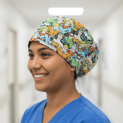 DC Character Crowd Colourful scrub cap shown on model