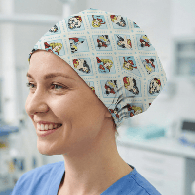 DC Comic Super Women Superheroes scrub cap shown on model
