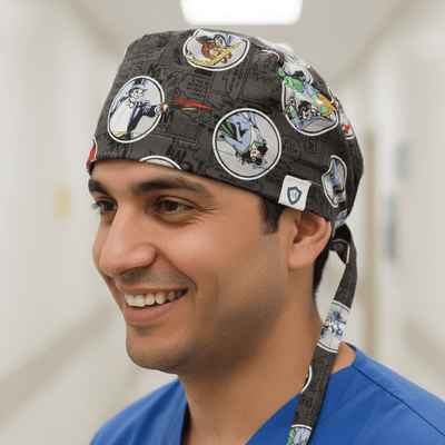 DC Comic Villains Circles scrub cap shown on model
