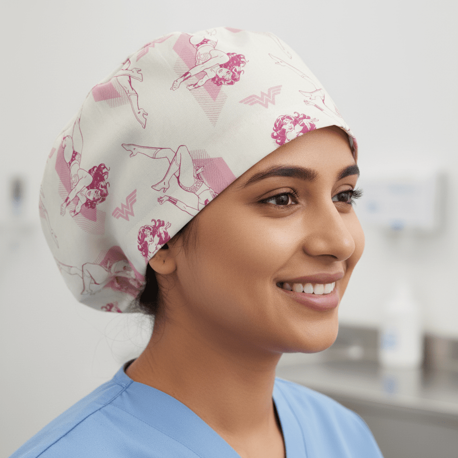 DC Comic Wonder Woman Light Pink Scrub Cap scrub cap flat lay view