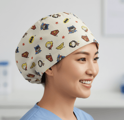DC Comics Kawaii Peach scrub cap shown on model